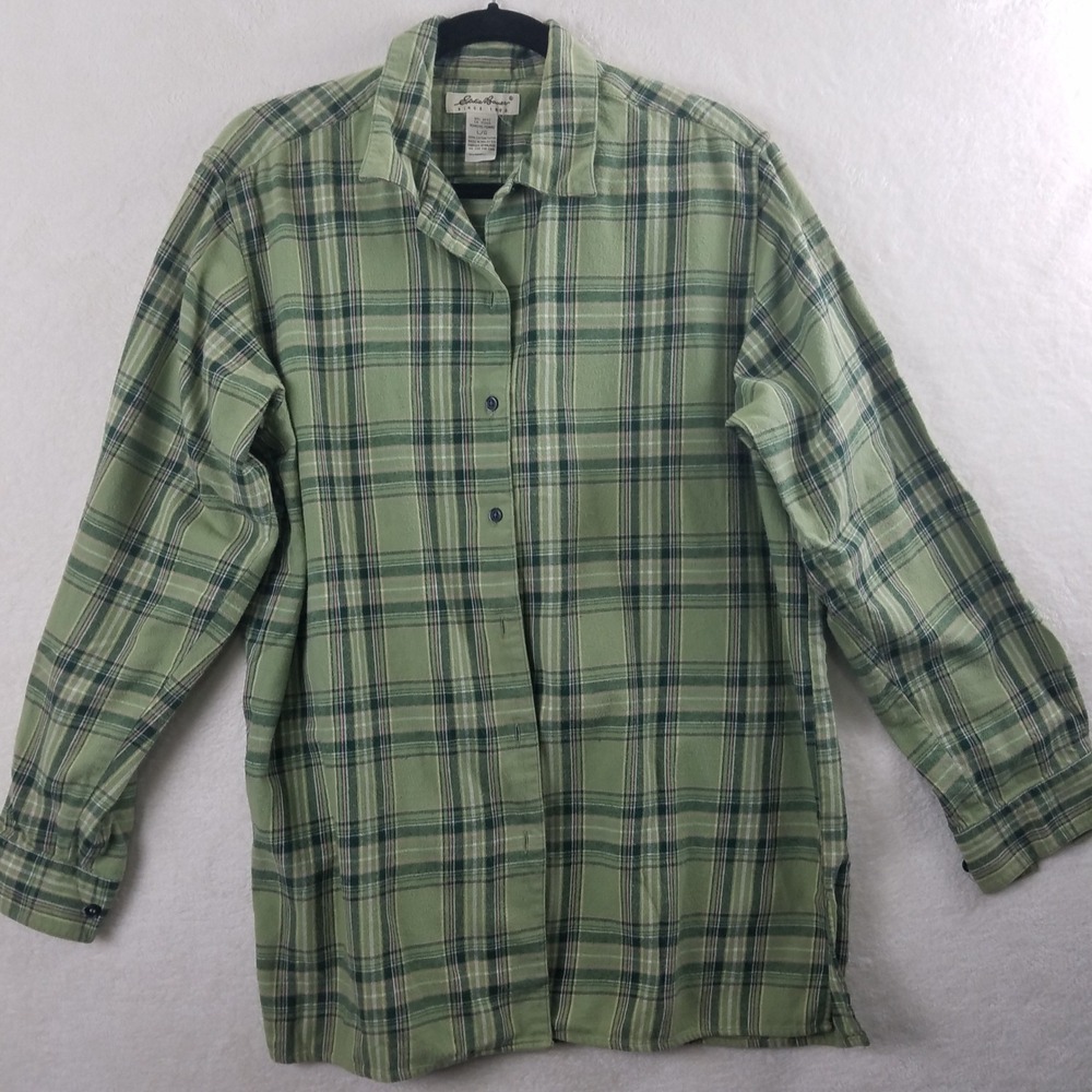 Green Plaid Flannel Eddie Bauer Mens Shirt Long Sleeve Button Down Casual Warm